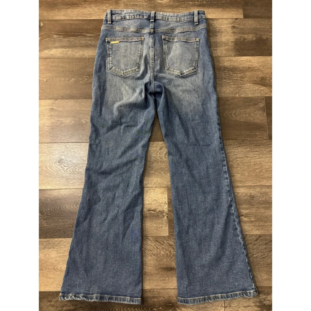 Michael Kors‎ Women Medium Wash High Rise Flare Jeans Front Patch Pockets Size 8